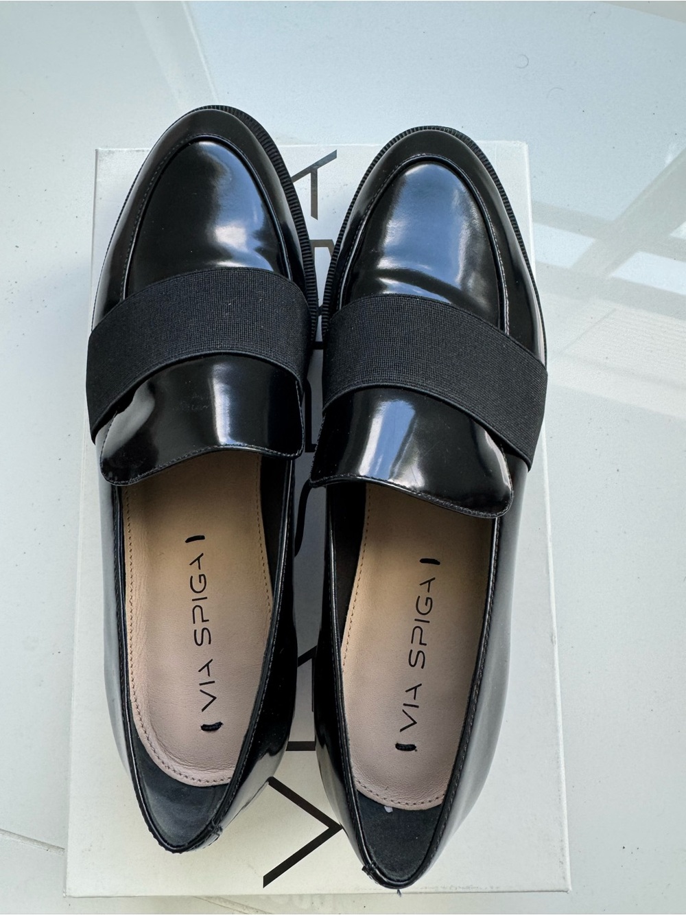 Women’s Via Spiga Galo Black Polished Loafers with Elastic Strap